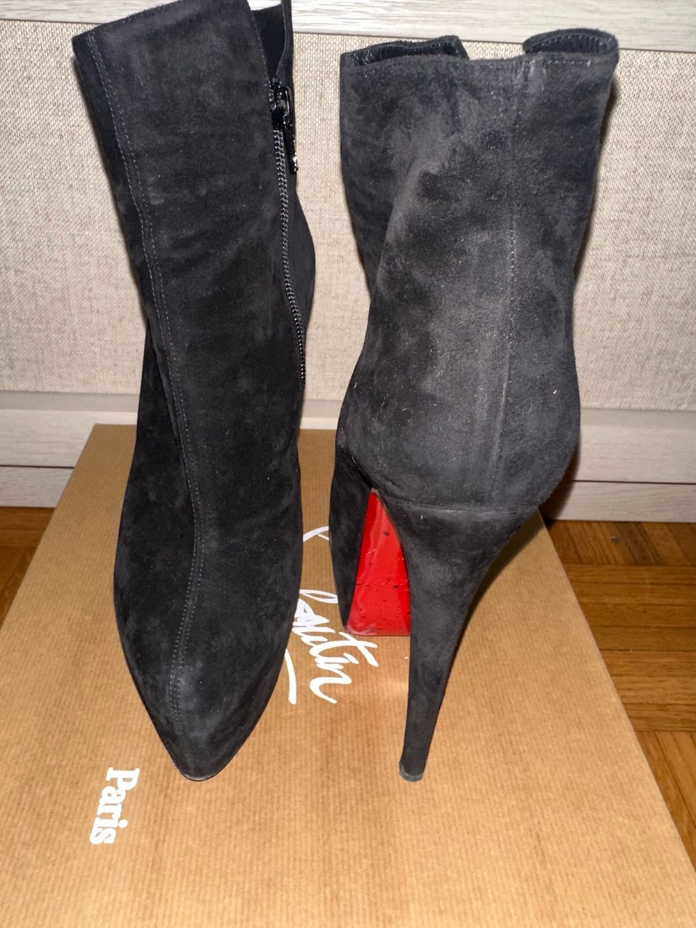Christian Louboutin Black Suede Pointed Toe Stiletto Ankle Boots with Red Sole